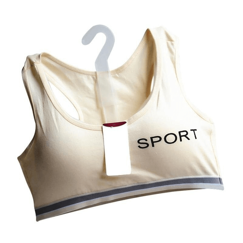 Beige sports quick-drying elastic top-bra with lining on hanger, featuring a breathable cotton blend for comfort. Ideal for training.